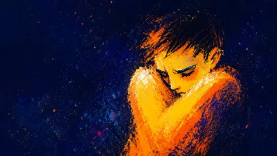 A solitary figure with raised shoulders and amber light across the chest, surrounded by pressing grain in deep indigo space.