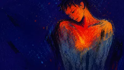 Solitary figure with raised shoulders, ember-red across the chest draining into slate blue within deep indigo space