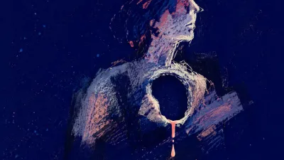 A solitary figure in deep indigo space with a pale hollow chest outline and misaligned layers fading from rose to cold white