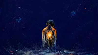 Solitary figure with a pale chest glow and raised shoulders in dark space, warm amber fading into cold silver.