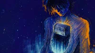 Solitary figure with a cold hollow at the chest, pale blue edges dissolving into deep indigo beside thin amber light.