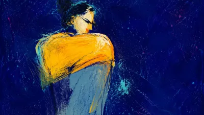 A solitary figure with slightly raised shoulders, warm amber around the torso meeting a sharp edge of cool indigo space.