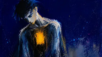A solitary figure with a dim hollow at the chest and settled shoulders, amber edges fading into deep indigo space.