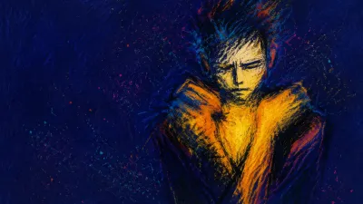 A solitary figure with raised shoulders and a braced chest, warm amber edges pressed inward by matte indigo space.