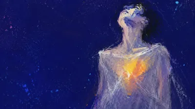 A solitary figure behind a translucent gray membrane, amber dissolving to ice white across the chest in deep indigo space