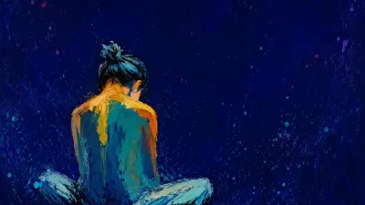 A solitary seated figure with upright spine and relaxed shoulders, warm ochre edges against cool teal and deep indigo.