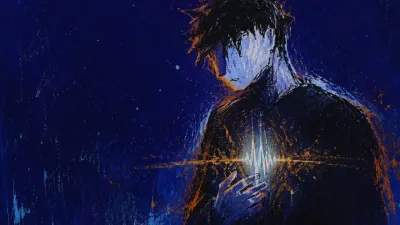 A solitary figure with a half-lit chest, pale silver pressing into amber static within deep indigo negative space