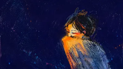 A solitary figure with raised shoulders, amber light suspended along a sharp shoulder line, fading into deep indigo space.