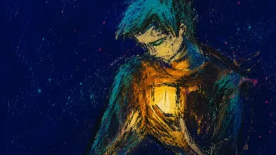 A solitary figure in deep indigo space, shoulders gathered around an amber-lit chest as cold teal shadows press inward.