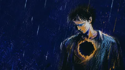 A figure with lowered shoulders and a hollow chest space, set in dark indigo with rain-grey haze and a thin amber edge.