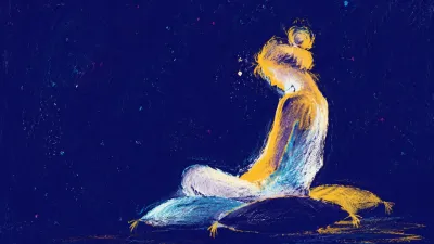 A seated figure on layered cushions with lowered shoulders, outlined in wheat-gold against deep indigo space.