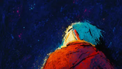 A seated figure absorbed into layered fabric, shoulders suspended between warm amber velvet and cold indigo negative space