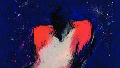 A solitary figure with raised shoulders and a softened torso, warm coral light edged by deep indigo and silver static