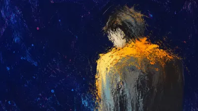 A solitary figure with lowered shoulders, an amber weight suspended over the torso as wheat-gold light meets deep indigo.