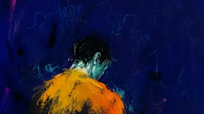 A solitary figure with lowered shoulders, layered amber forms suspended in teal-edged deep indigo negative space