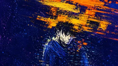 A solitary figure with raised shoulders, amber bands and blue-white static diffusing across the torso into deep indigo space