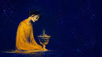 A solitary figure with lowered shoulders around a closed ornate cup, cold amber fading into grainy indigo negative space