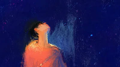 A solitary figure with raised shoulders, amber light coating the torso while a blue-grey interior fades into deep indigo.