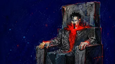 Solitary figure, shoulders and torso framed by a high-backed throne, square edges, cold grey and ember red against indigo.