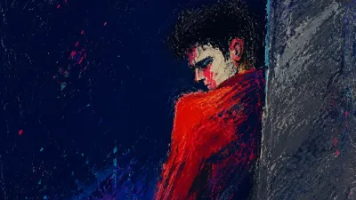 A solitary upright figure in deep indigo space, shoulders aligned as warm red meets a cold gray stone perimeter.
