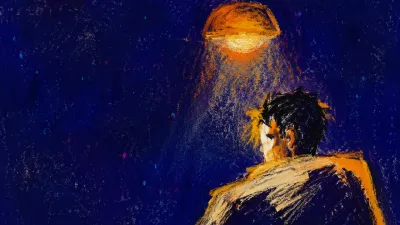 A solitary figure with lifted shoulders beneath a suspended amber plane, with grainy grey edges fading into deep indigo.
