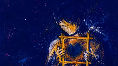 A solitary figure framed by four wands, a narrow amber glow at the chest against cool indigo space.