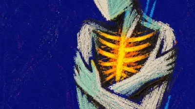 A solitary figure with glowing ribs held in tight blue space, amber heat suspended around the chest and throat