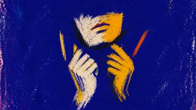 A solitary figure in deep indigo space, jaw and hands locked tight as pale blades hover in an even ring