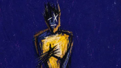 A solitary figure braced before a threshold, chest compressed, amber heat pressing into deep indigo space