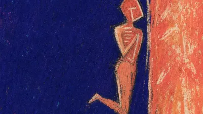 A solitary figure at a threshold, ribcage marked by tight lines, warm coral light separated from deep indigo space