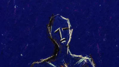 A solitary figure with a tightened chest inside a close amber enclosure, deep indigo space pressing inward