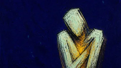 A solitary figure with tense shoulders and a set jaw, warm amber pressure held inside cold indigo space