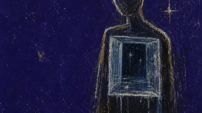 A solitary figure with a glasslike chest space, pale gold warmth separated from cold silver air in deep indigo darkness