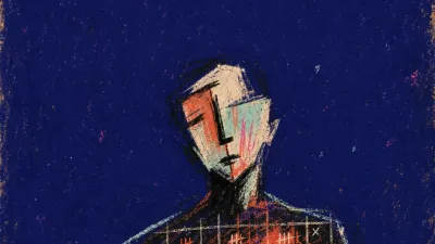 A solitary figure with a lit chest beneath a faint calendar grid, coral heat compressed against deep indigo space