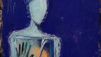 A solitary figure with pulled-in shoulders before a glowing window, cold blue space separating skin from warm light
