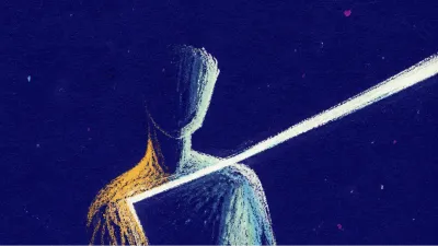A solitary figure with lowered shoulders in deep negative space, a cool white beam cutting through warm amber static