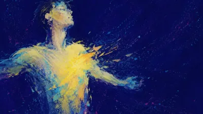 Figure with a relaxed upper body and light shoulders dissolving into indigo, pale gold, and cool blue edges