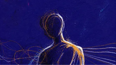 A solitary figure with lowered shoulders, thin amber and white lines forming an ordered pattern in deep indigo space