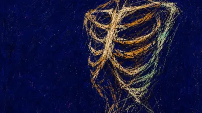 A solitary figure suspended in dark space, ribs and shoulders braced by cold amber light looping back into deep indigo