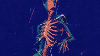 A solitary figure with tense ribs on a rim-like floor, warm coral and cold teal forms pulling in opposite directions