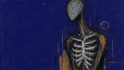 A solitary figure with a measured ribcage, cold silver lines tightening across muted amber in deep indigo space