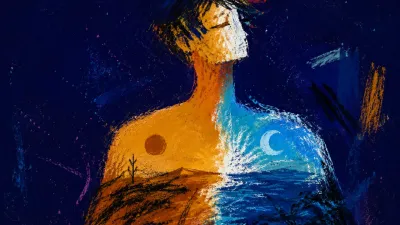 A solitary figure, torso centered between solid earth and blue water, warm ochre meeting cool light in deep indigo space.