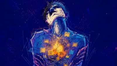 A solitary figure with raised shoulders, amber haze across the chest, and cool blue space narrowing around it.