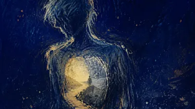 Solitary figure with a hollow chest space, pale gold drifting through cool blue-grey air against deep indigo