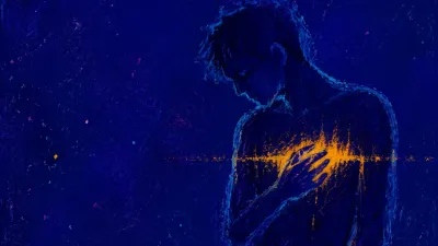 A solitary indigo figure in deep negative space, with a suspended amber band across the chest fading at its inner edge.