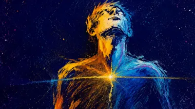 A solitary figure in deep indigo space, warm lines settling across the chest, gold and blue forming one clear outline.