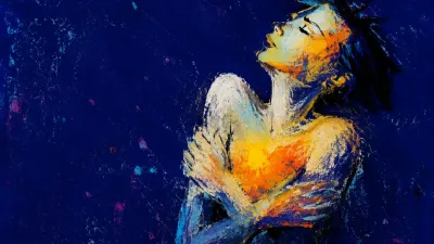 A solitary figure with raised shoulders and an amber band across the chest, surrounded by narrowing indigo-blue space.