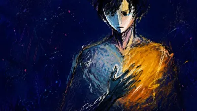 A solitary figure in dark space, muted blue and warm amber meeting across the chest in two softly flowing bands.