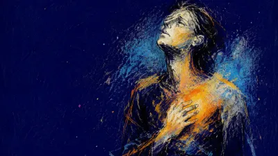 A solitary figure with warm amber drifting from the chest into cool blue air, hands held near a suspended point of light.