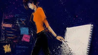 A side-turned figure steps away from a cluttered planner toward a spotless notebook, white lines cracking into grey.
